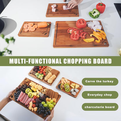 3-Piece Organic Bamboo Cutting Board Set for Kitchen - Carbonized Extra Sturdy Chopping Boards with Juice Grooves - Knife-Friendly Multi-Size (15", 12", 9") for Meat & Veggies - Housewarming Gift Box