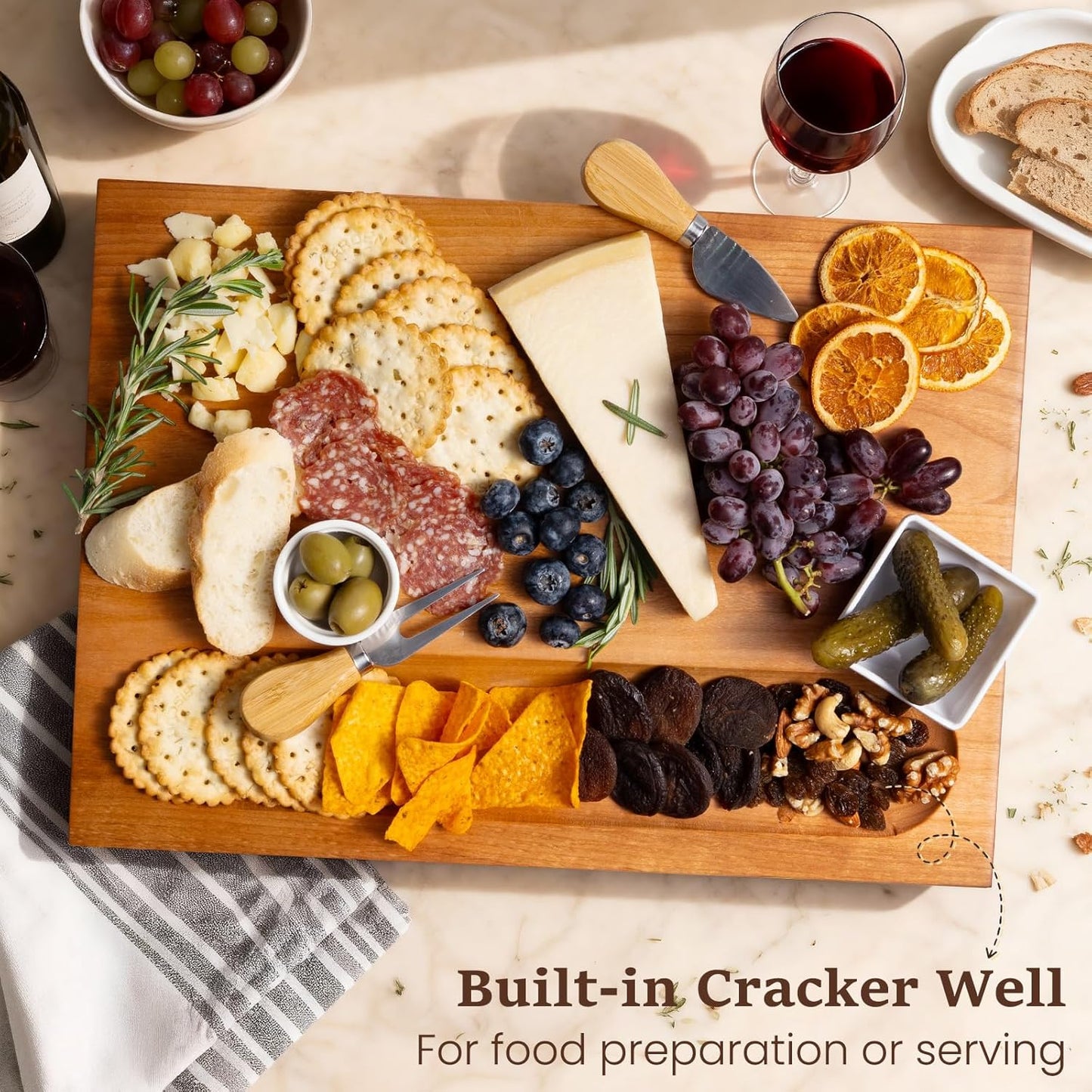 Empune Cherry Wood Cutting Boards for Kitchen Wooden Cutting Board with Handle, Chopping Board with Built-in Juice Groove & Well, Heavy-duty Charcuterie Board Butcher Block, 16.5x11.8x1.4 Inches