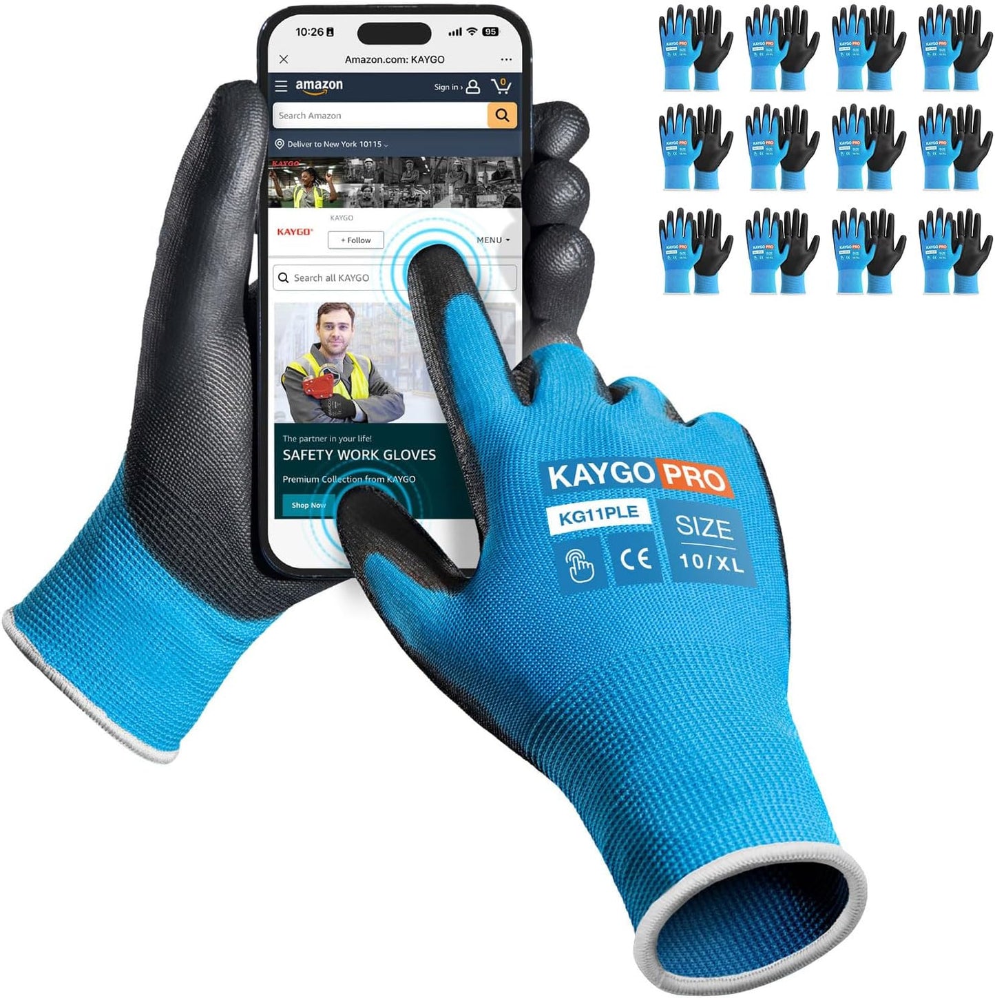 KAYGO Work Gloves for Men and Women,12 Pairs Seamless Knit PU Coated Safety Gloves, with Smooth Grip on Palm and Fingers, Ideal for Light Warehouse, Manufacturing, Gardening, KG11P (M, Black)