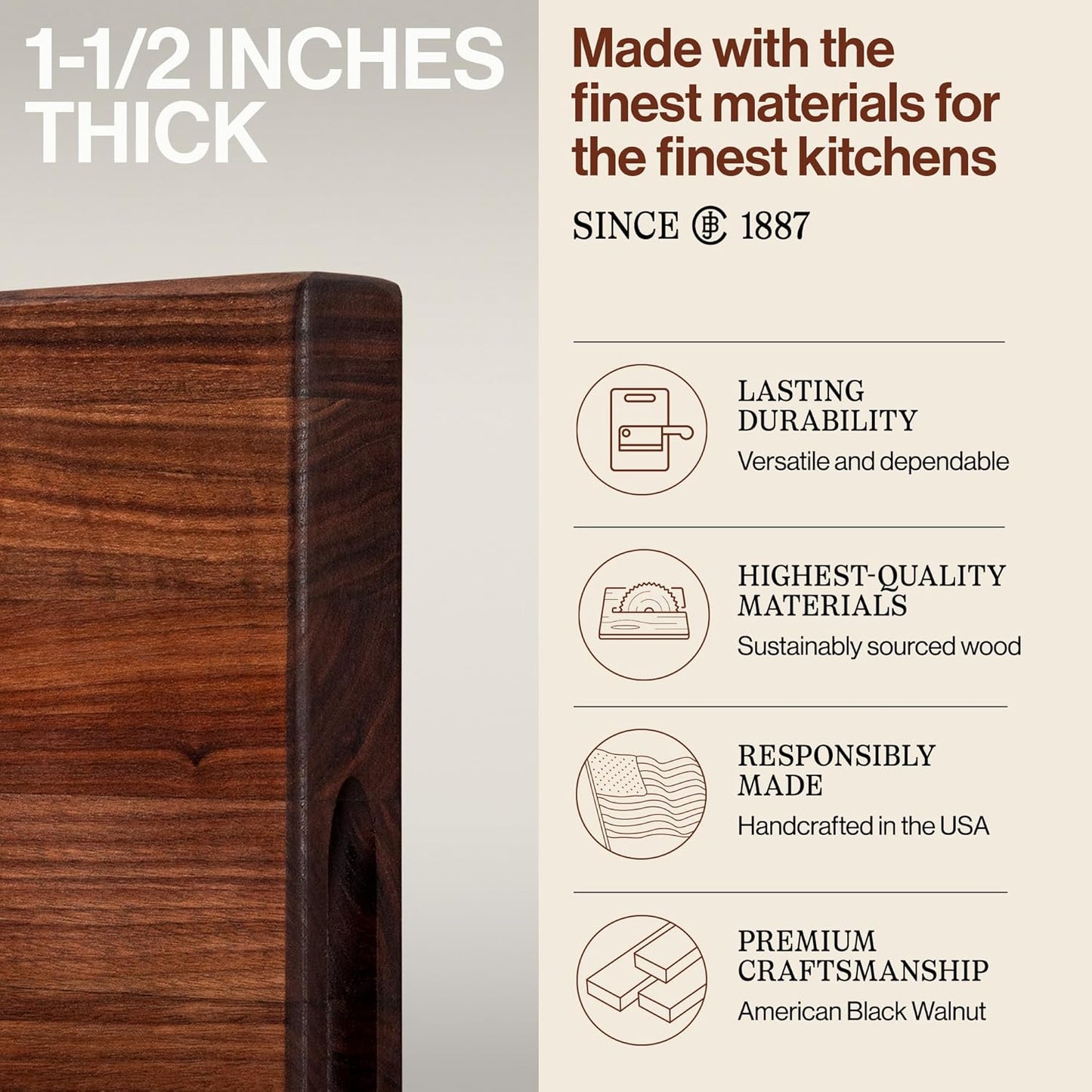 John Boos R-Board Series Rectangular Wooden Maple Cutting Board 20”x15” – 1.5” Thick, 12-lb Reversible Butcher Block with Edge-Grain & Finger Grips – Made in the USA