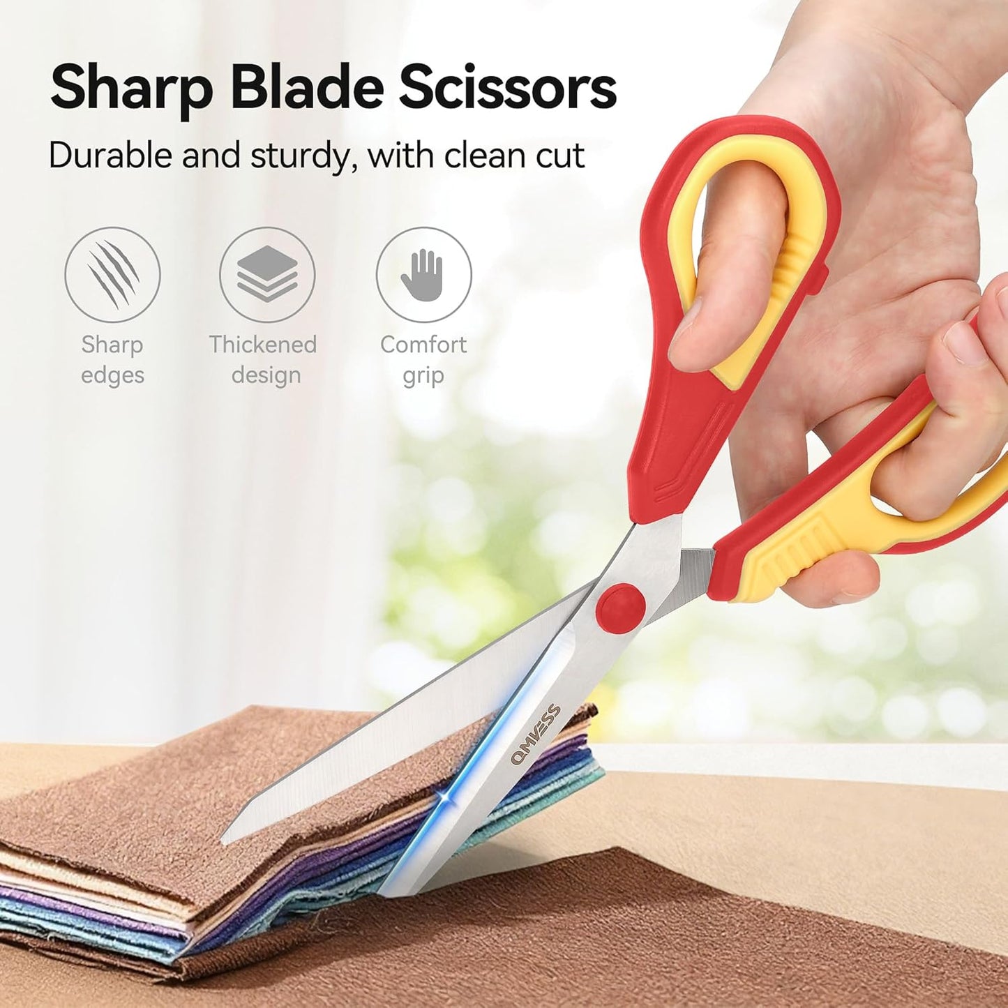 QMVESS 8.5" Scissors All Purpose 3 Pack, Ultra Sharp 2.5mm Thick Blade Scissors for Office, Professional Ergonomic Comfort Grip for Office School Home Fabric Sewing DIY Craft Cutting General Use