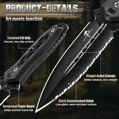 Purple Dragon Fixed Blade Knife with Kydex Sheath,440C Steel Full Tang Outdoor Utility Knife with G10 Handle for Camping, Hiking,Bushcraft & Outdoor Use-Black