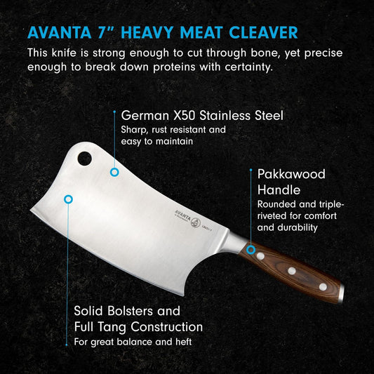 Messermeister Avanta Forged 7” Heavy Meat Cleaver - German X50 Stainless Steel - Rust Resistant & Easy to Maintain