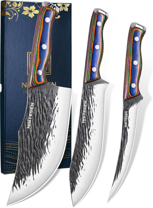 Naitesen 3PCS Hand Forged Butcher Knife Set - 15° Razor Sharp 6.5" Serbian Chef Knife, 8.5" Meat Slicer & 6.5" Boning Knife for Meat Cutting Kitchen Cooking BBQ - Gold-Stamped Gift Box
