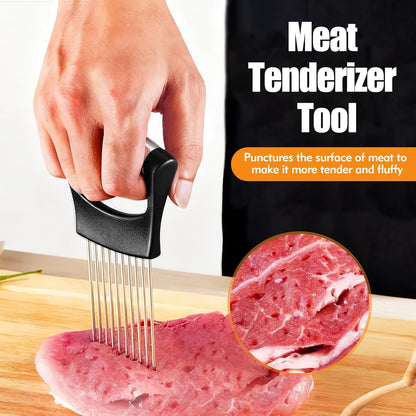 Onion Holder for Slicing, Stainless Steel Onion Slicer, Onions Slicer Holder with Protective Cover, Multi-Use Vegetable Chopper for Onions Tomatoes Avocados Potato Eggs Kiwifruit Meat Lemon