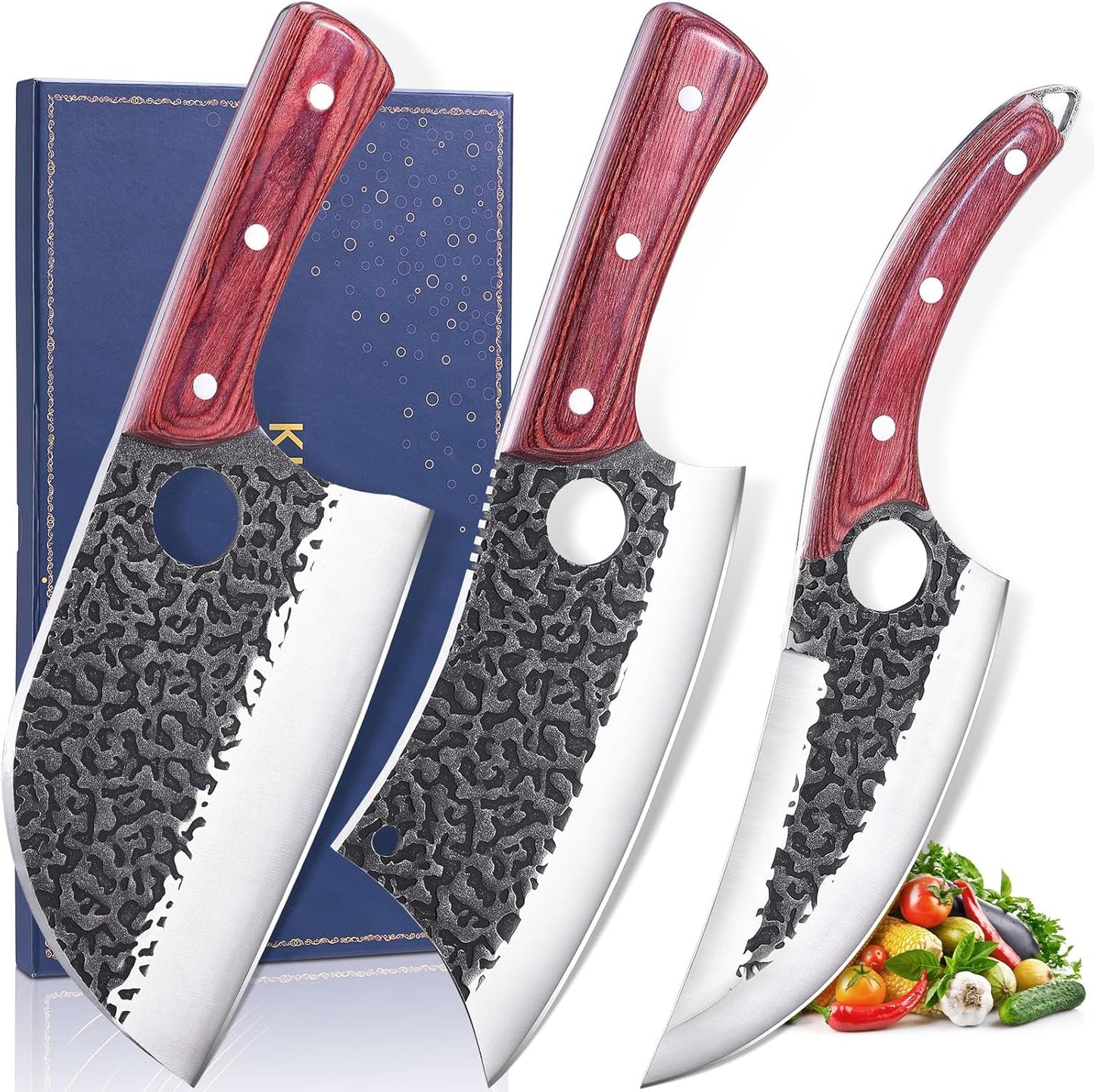 KITNATS 9PCS Butcher Knife Set with Roll Bag, Hand Forged Kitchen Knife Set with Meat Cleaver, Boning Knife & Chef Knife for BBQ, Meat Processing, Camping, Outdoor Cooking, Gift for Men