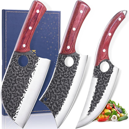 KITNATS 9PCS Butcher Knife Set with Roll Bag, Hand Forged Kitchen Knife Set with Meat Cleaver, Boning Knife & Chef Knife for BBQ, Meat Processing, Camping, Outdoor Cooking, Gift for Men