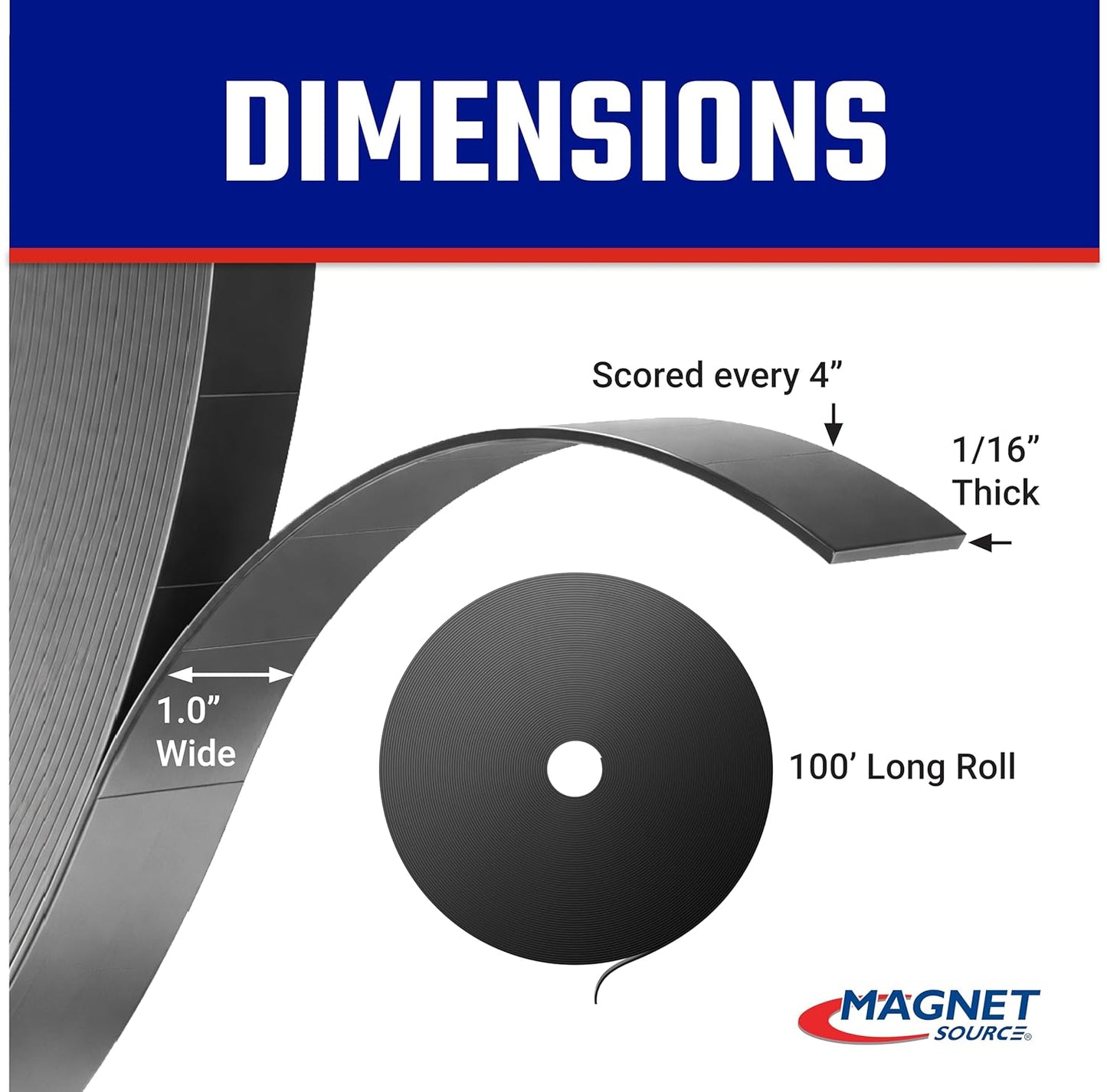 Master Magnetics Flexible Magnet Strip - One-Sided Magnetic Strip, Cuttable Magnet, 0.5" Wide, 0.06" Thick, 100 Feet, ZGN10PBX