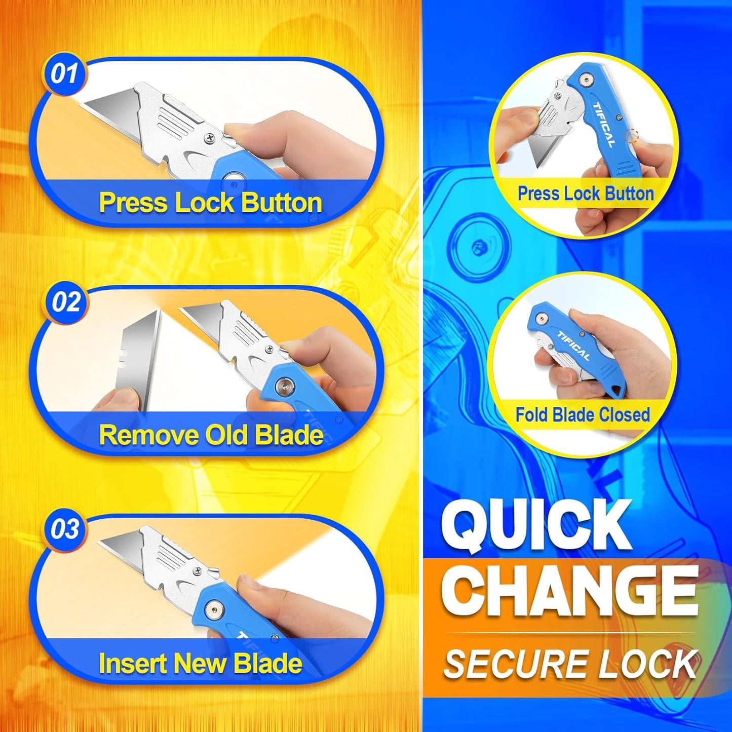 Box Cutter, Quick Change Folding Box Cutter with Clip, Folding Utility Knife Set, Extra 10 SK5 Razor Knife Blades, Pocket Box Opener Cutter for Cardboard, Drywall, Rope, Linoleum, Packages
