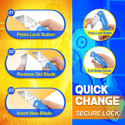 Box Cutter, Quick Change Folding Box Cutter with Clip, Folding Utility Knife Set, Extra 10 SK5 Razor Knife Blades, Pocket Box Opener Cutter for Cardboard, Drywall, Rope, Linoleum, Packages