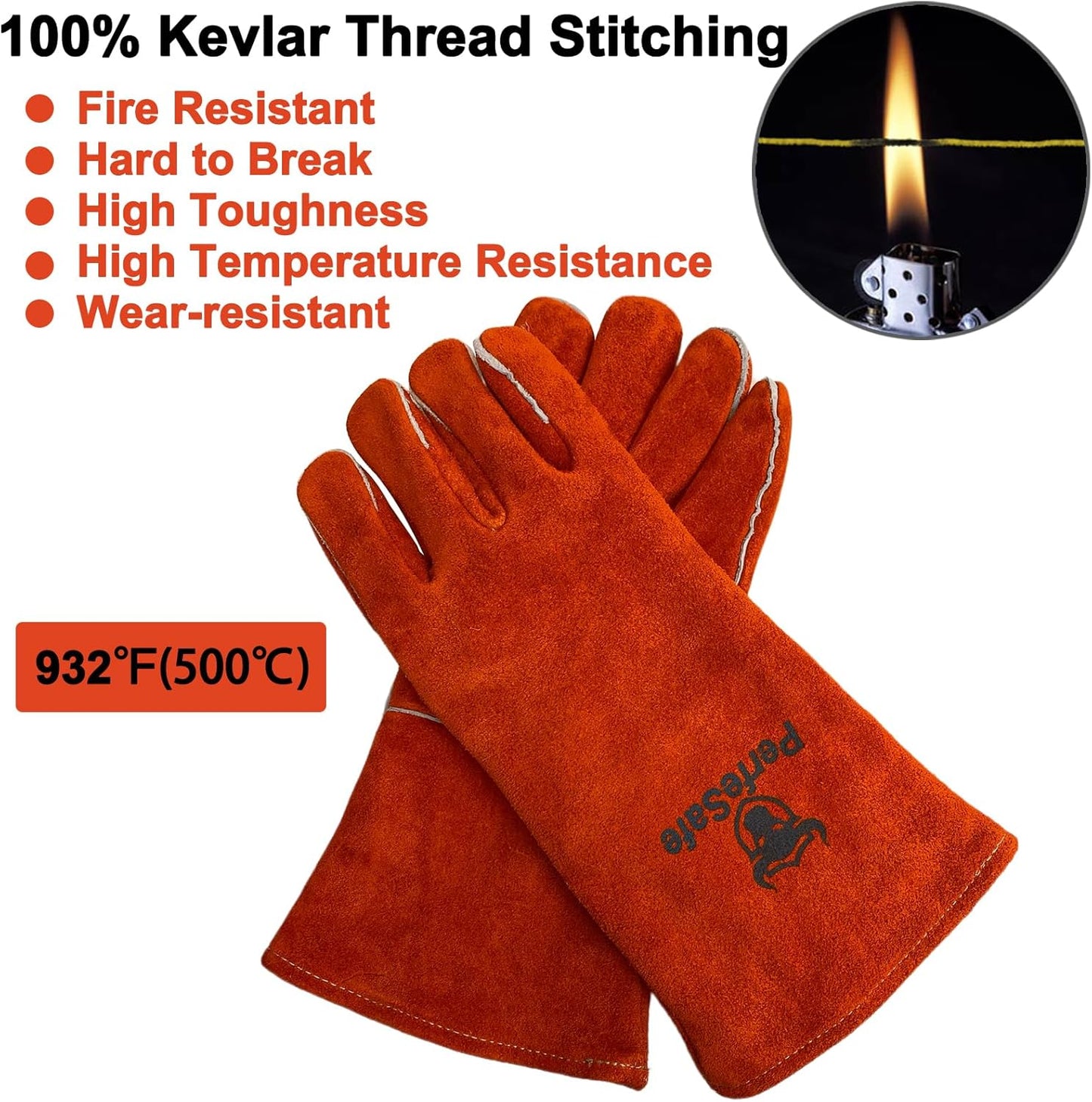 Welding Gloves 14 Inches, Heat Resistant 932℉ Leather Welding Gloves for MIG, TIG, Stick, Long Sleeve Grill Gloves for Welding, Fireplace, BBQ, Oven, Furnace, Wood Stove, Animal Handling
