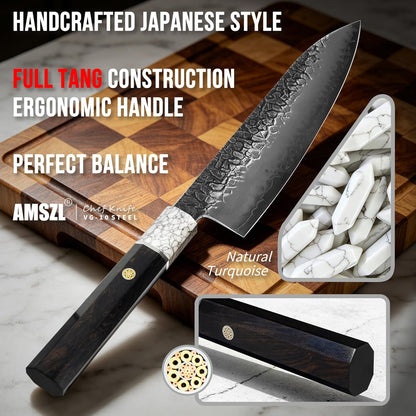 Japanese 8" Forged Chef Knife for Kitchen, Razor Sharp VG10 Steel Core with 5-Layer High Carbon Finish, Hammered Cracked Pattern, Ebony Handle with Turquoise (White)