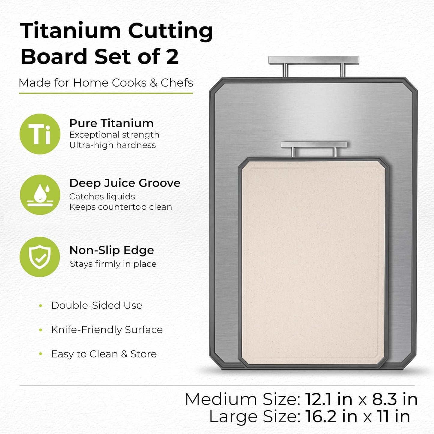 Freshware Titanium Cutting Board for Kitchen, Set of 2, Double Sided Cutting Boards, Pure Titanium/PP, Chopping Board with Juice Grooves, Dishwasher Safe, Medium 12.1" by 8.3" and Large 16.2" by 11"