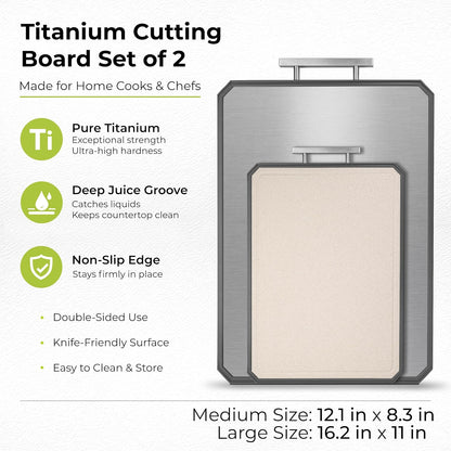 Freshware Titanium Cutting Board for Kitchen, Set of 2, Double Sided Cutting Boards, Pure Titanium/PP, Chopping Board with Juice Grooves, Dishwasher Safe, Medium 12.1" by 8.3" and Large 16.2" by 11"
