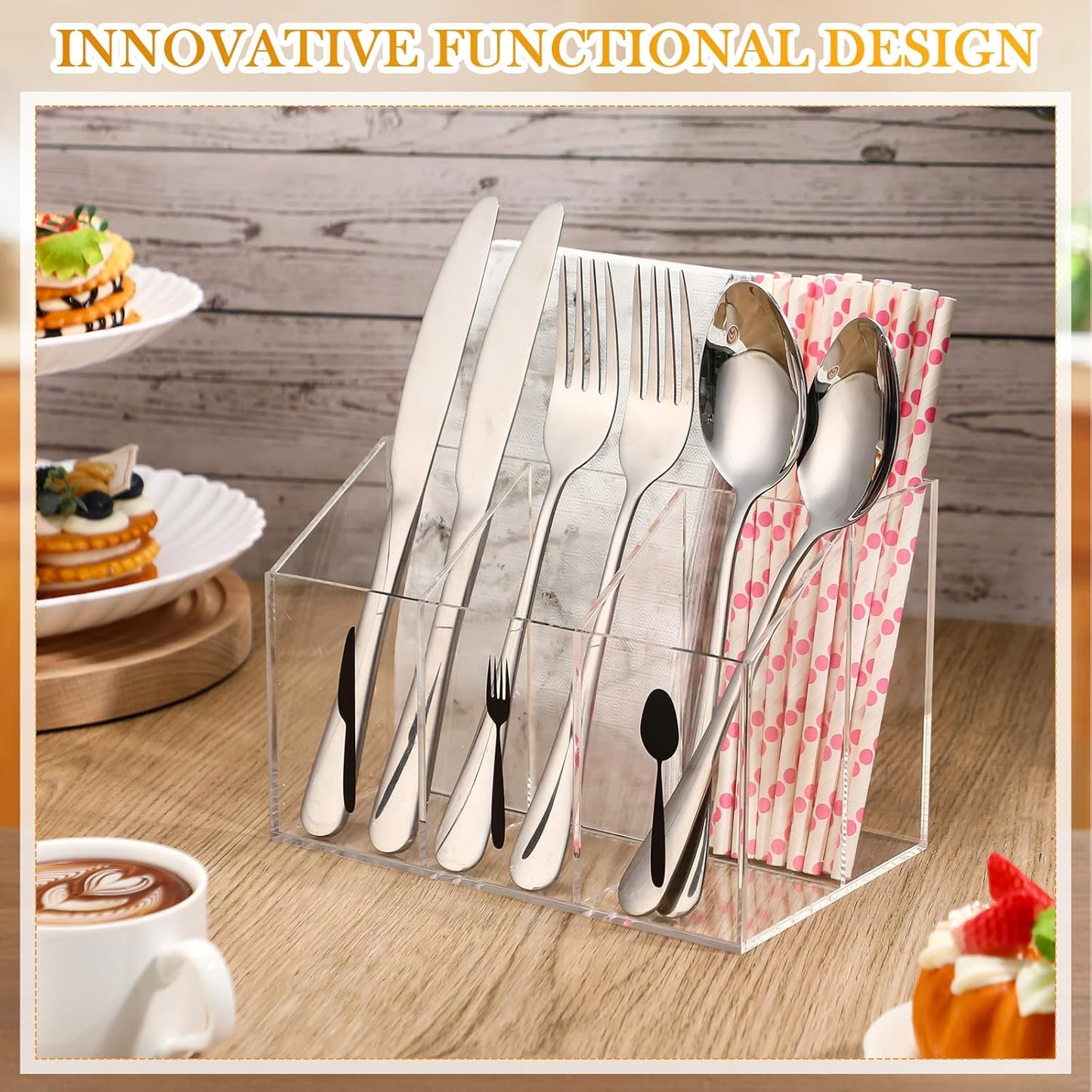 Chunful Acrylic Cutlery Storage Organizer Bin Silverware Caddy Countertop Napkins Flatware Spoon Fork Knife for Cabinet Indoor Outdoor Home Flatware Dining Room10.43 x 6.54 x 3.94 Inches
