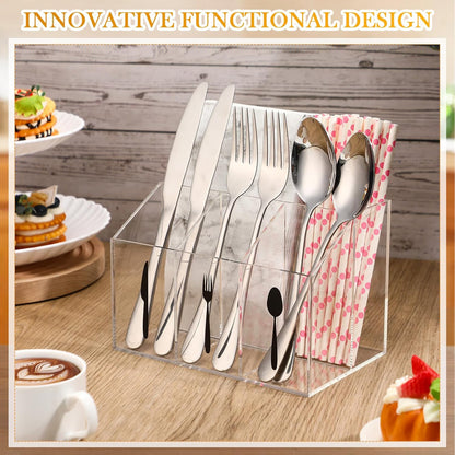 Chunful Acrylic Cutlery Storage Organizer Bin Silverware Caddy Countertop Napkins Flatware Spoon Fork Knife for Cabinet Indoor Outdoor Home Flatware Dining Room10.43 x 6.54 x 3.94 Inches