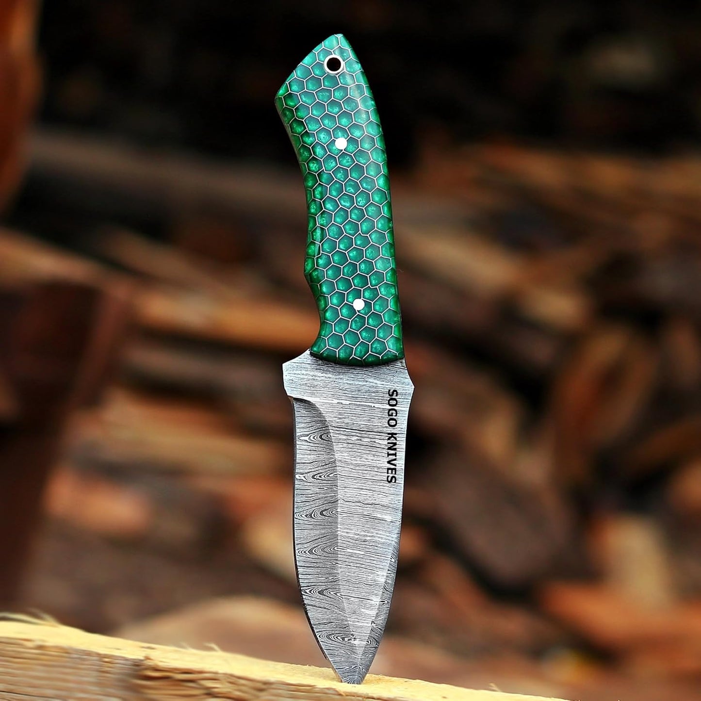 Fixed Blade Damascus Steel Hunting Knife with Leather Sheath, 9'' Full Tang Hunting Skinning,Non-Slip Wooden Handle,Camping Knife (VENGI)