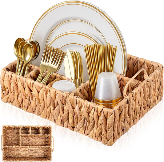 LemonRoad Wicker Utensil Caddy 6 Compartments Water Hyacinth Large Silverware Caddy with Handles Cutlery Basket Napkin Holder Boho Woven Flatware Organizer for Party Picnic Kitchen Countertop Hosting