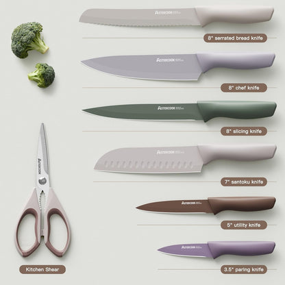 Astercook Knife Set, 13 Pieces Kitchen Knives Set with Healthy Anti-Rust Coating, Dishwasher Safe, Stainless Steel Chef Knife Sets with 6 Blade Guards, Perfect Holiday Gifts for Kitchen Morandi