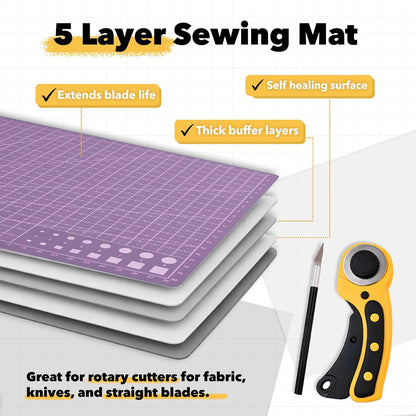 Mandala Crafts Self-Healing Cutting Mat Set – 12" x 18" A3 Green Double-Sided 5-Ply Mat with Fabric Cutter, Quilt Ruler & Craft Knife for Sewing, Quilting, Leather & Scrapbooking