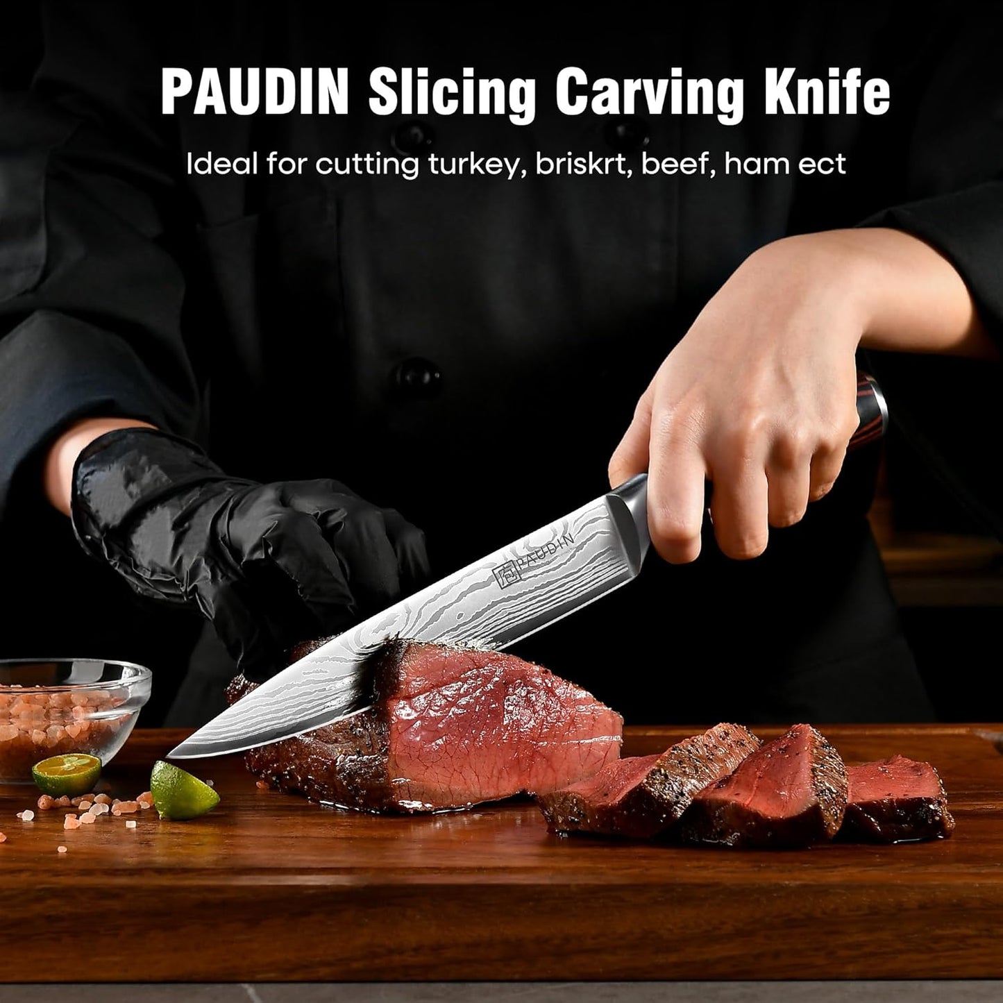 PAUDIN Chef Knife, 10 Inch Meat Knife, Ultra Sharp Brisket Slicing Knives, High Carbon Stainless Steel Kitchen Knife with Ergonomic Handle for BBQ, Roast, Meats and Vegetables