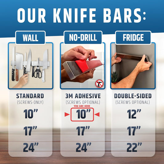 Strong Adhesive (No Drill) Magnetic Knife Holder for Wall - Professional 17 Inch Knife Strip - No Screws Needed - Adhesive Backing - Stainless Steel Knife Bar (Upgraded Version – Will Not Fall)
