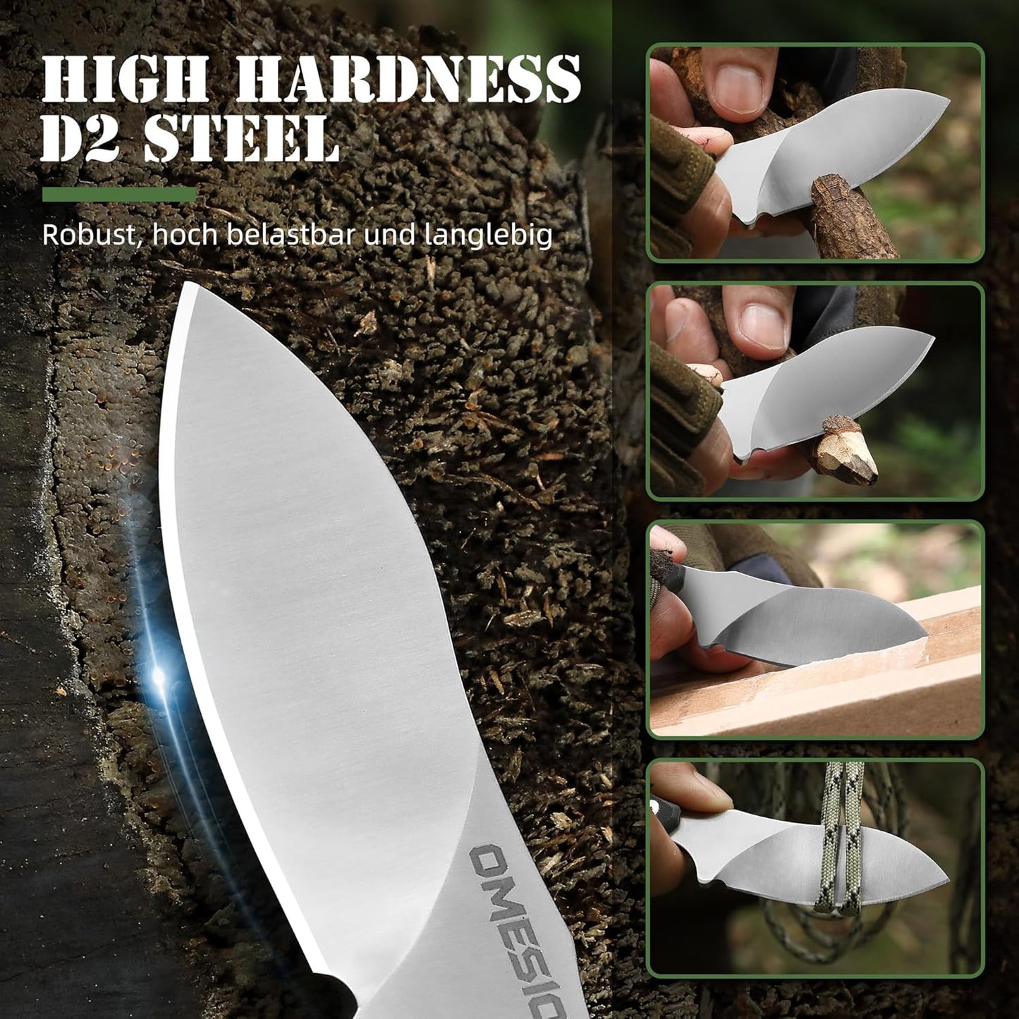 Omesio Neck Knife, Full Tang EDC Knife Necklace for Men, 5.82" Fixed Blade with Kydex SHeath and Clip, Nessmuk Blade Small D2 Steel G10 Handle for Outdoor, Survival, Camping