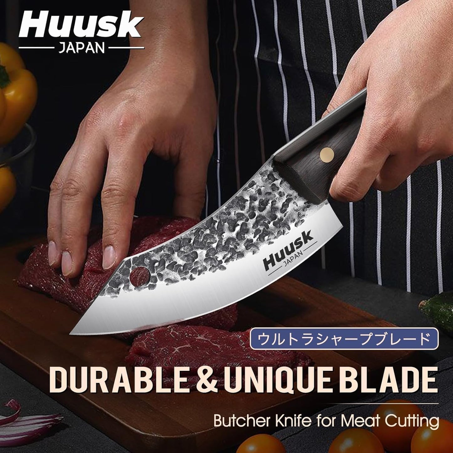 Huusk Hand Forged Chef Knife Set, High Carbon Steel Butcher Knife Set, Japanese Kitchen Knives for Home, Outdoor BBQ Camping Cooking, Gift Idea for Men