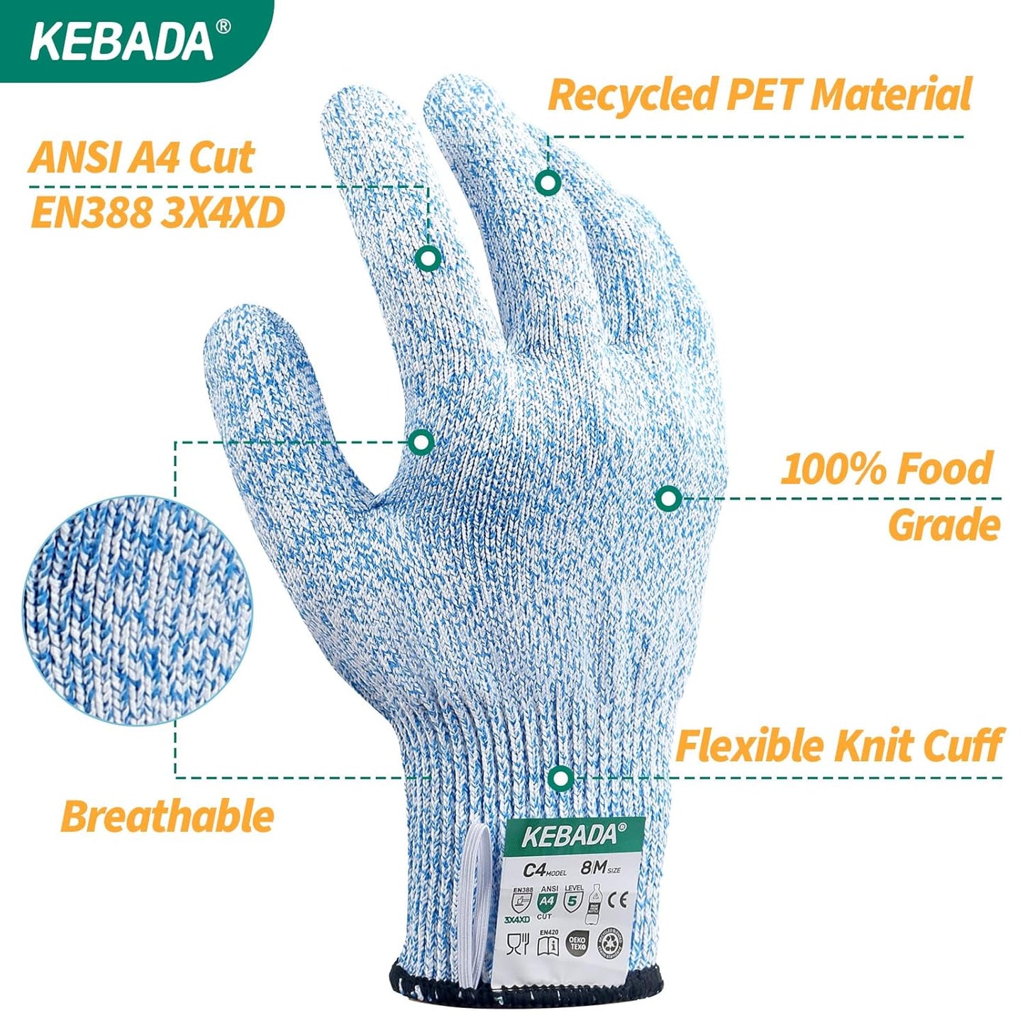 Kebada Cut Resistant Gloves, ANSI A2 Cutting Glove, PU Coated, Touchscreen, Multi-Purpose Model C2, 3 Pairs, Large