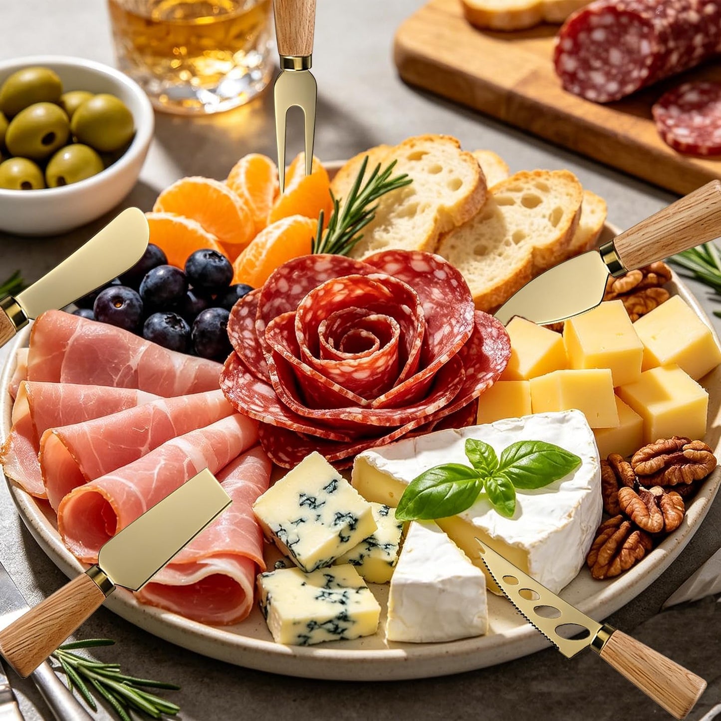 Stainless Steel Cheese Knife Set with wood Handle,Professional Cheese Slicer, Spreader & Fork for Charcuterie Boards, Cheese Platters, Kitchen & Entertaining, Christmas Gift for Women & Men (4)