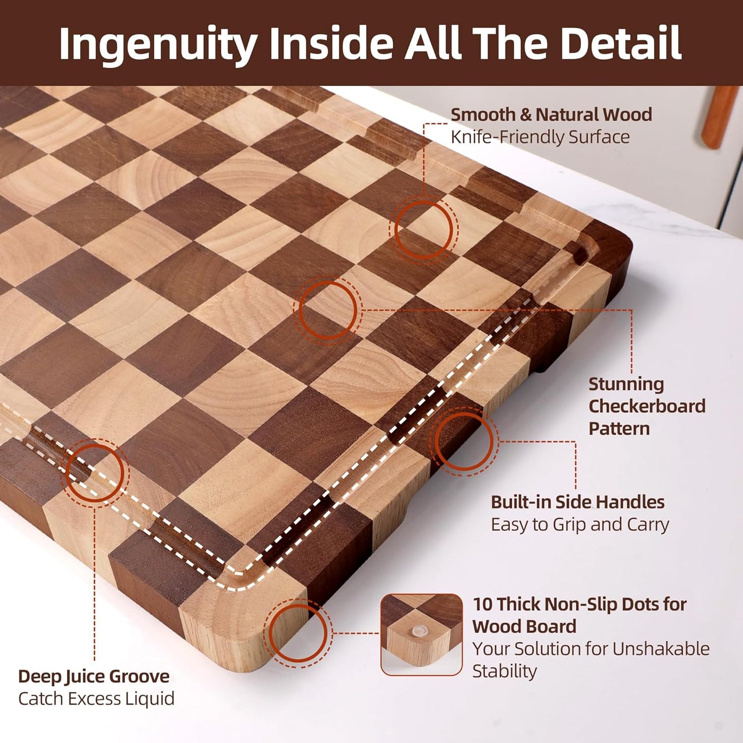 Checkered Cutting Board for Kitchen - Solid Wood End Grain Checkerboard Chopping Board with Handle & Juice Groove, Double Sided for Cooking, Serving and Decor, Rectangular 16" x 12" x 1"