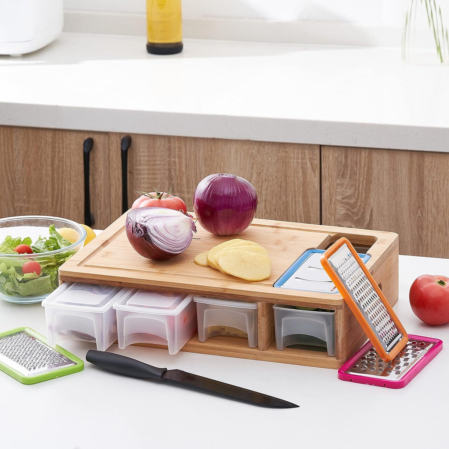 Bamboo Cutting Board with Containers, Lids, and Graters, Large Wood Cutting Board with Containers, Food Dropping Zone, Carving Board with Easy-grip Handle, Juice Groove