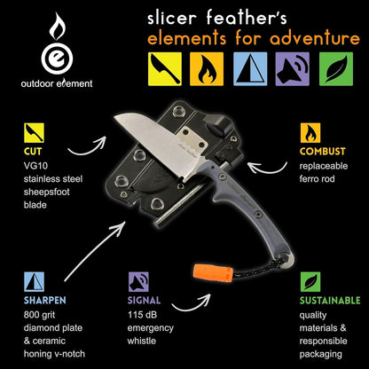 Scout Feather Glow - Fixed Blade Survival Knife with built-in Firestarter for Camping, Hunting, Outdoor Adventure and Culinary Need - VG10 Blade, Whistle, Knife Sharpener, Compact Sheath & G10 Handle