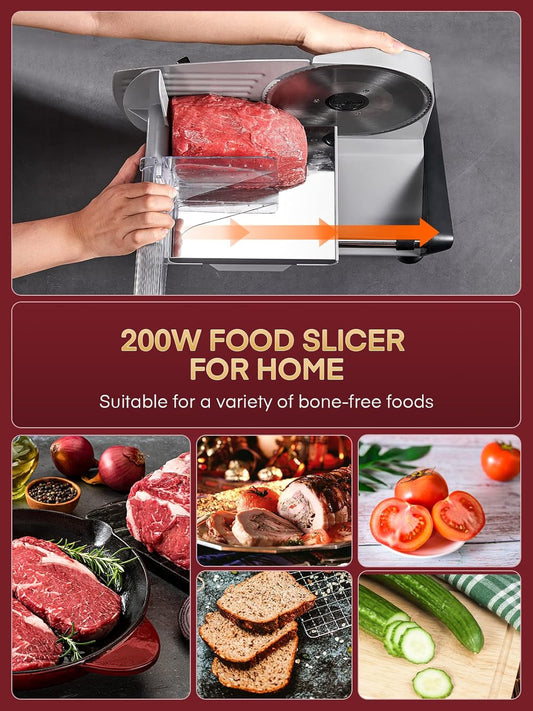 FOHERE 200W Meat Slicer Machine for Home, Electric Food Slicer with Two 7.5" Sharp Stainless Steel Blade(Serrated + Smooth) 0-15mm Precise Thickness Deli Meat Slicer for Bread Fruit Vegetable(Silver)