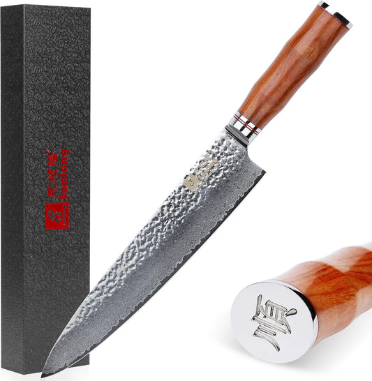 SUNLONG Chef's Knives 12 inch Pro Gyuto Japanese Hammered Damascus Natural Bloodwood Hand