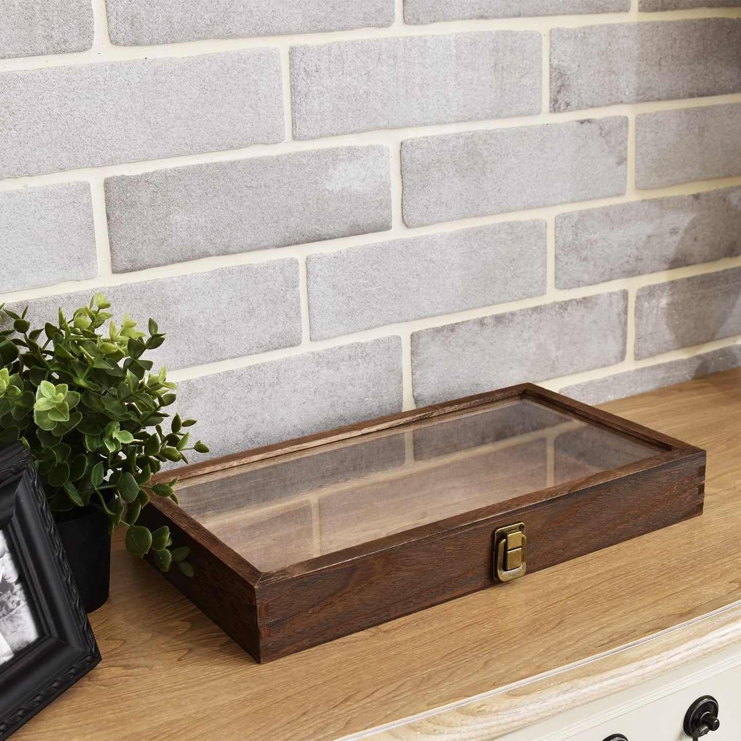 MOOCA 2 Pcs Wood Tempered Glass Top Jewelry Display Case Accessories Storage Box with Metal Clasp, Wooden Jewelry Tray for Collectibles, Pocket Knife Display Case, Brown Color