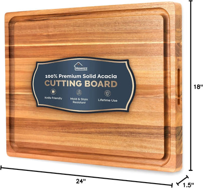 Howizz Acacia Wood Large Cutting Board, Thick End Grain Solid Wood Butcher Block For Kitchen, Non Toxic Pre-Oiled Carving Tray w/Juice Grooves and Easy Grip Handle, 20"x15"x1" (Gift-Ready Box)