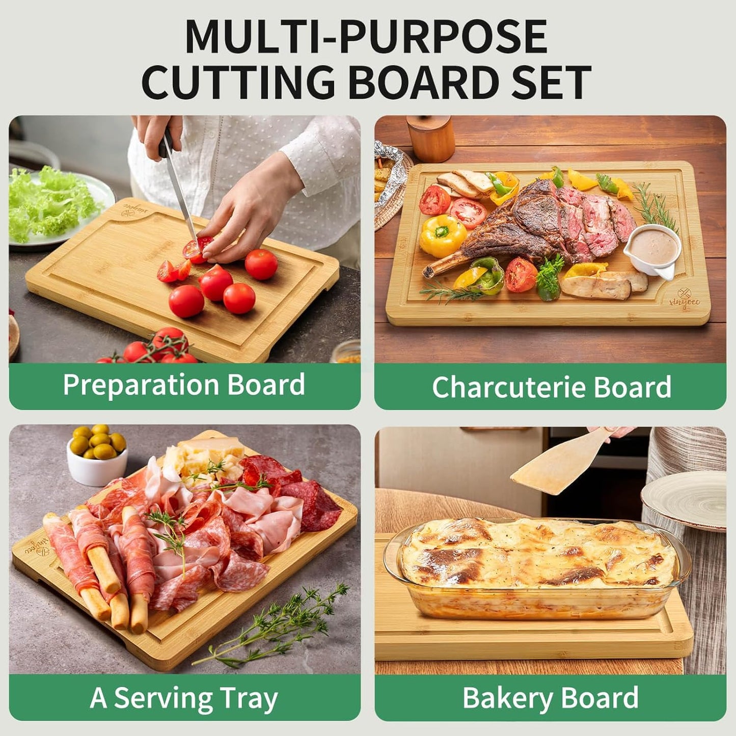 Bamboo Cutting Board Set for Kitchen - Cutting Board Set of 3 with Groove and Cutting Board Rack, Easy to Clean, Ideal for Bamboo Chopping Board Set for Chopping Meat, Vegetables, Fruits