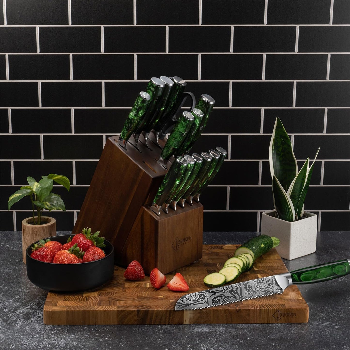 SENKEN 8-piece Engraved Japanese Kitchen Knife Set & Beautiful Green Resin Epoxy Handles - Wasabi Collection - Chef's Knife, Santoku, Cleaver, Paring, & More