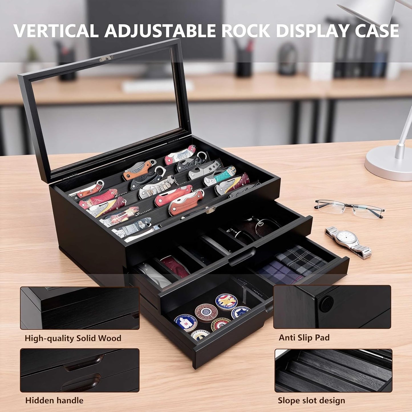AUTOARK Knife Display Case Holds 43+ Knives,Large 3-Tier Wooden Organizer with Glass Top and Drawer,Gift for Men,Walnut,AHK-072