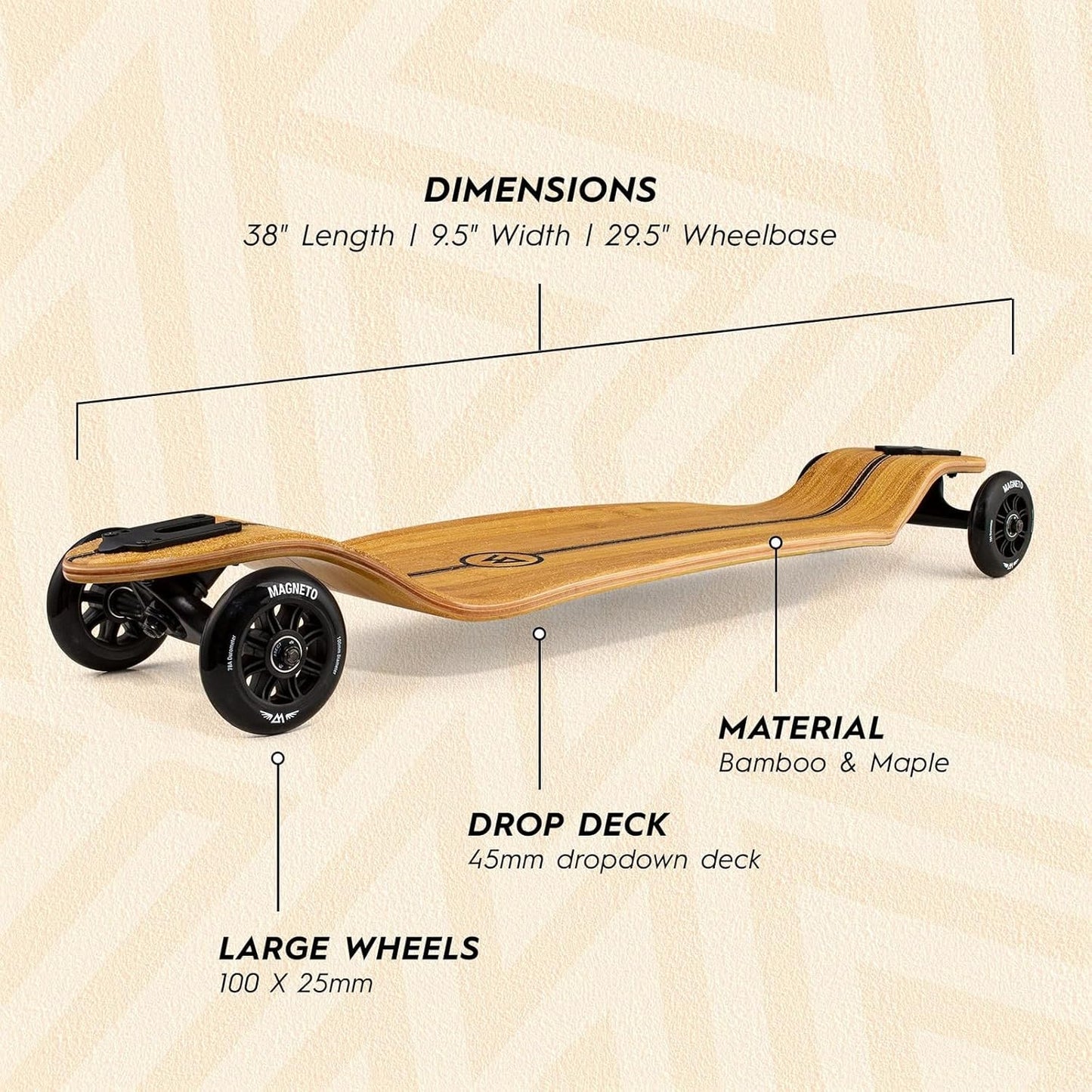 Magneto Longboards Bamboo Longboards for Cruising, Carving, Free-Style, Downhill and Dancing (Bamboo Drop & Fiberglass Through Longboard)