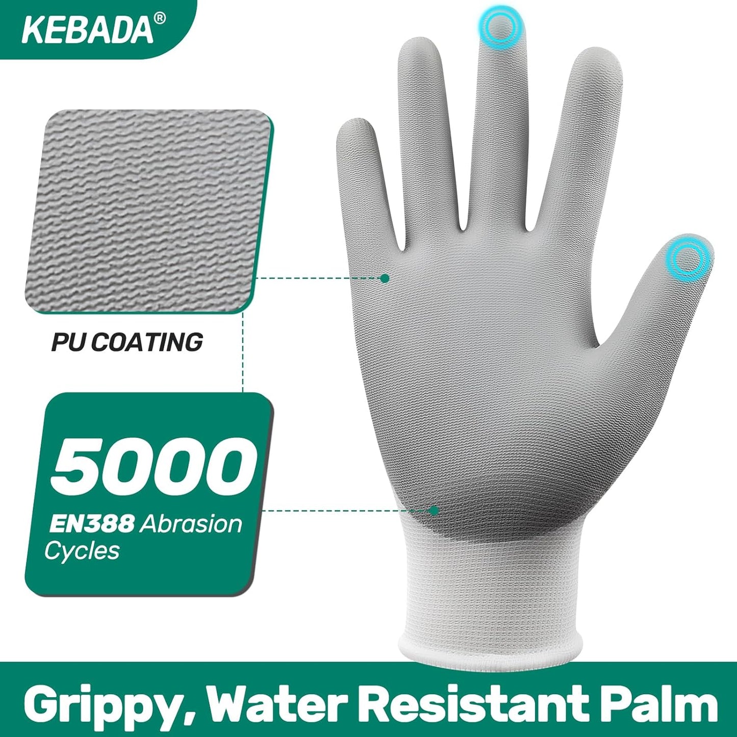 Kebada W1 Work Gloves for Men and Women, PU Coated Safety Gloves with Grip, Touchscreen, Ideal for Warehouse Package Handling, Construction, Gardening, 12 Pairs Gray Large
