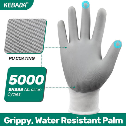 Kebada W1 Work Gloves for Men and Women, PU Coated Safety Gloves with Grip, Touchscreen, Ideal for Warehouse Package Handling, Construction, Gardening, 12 Pairs Gray Large