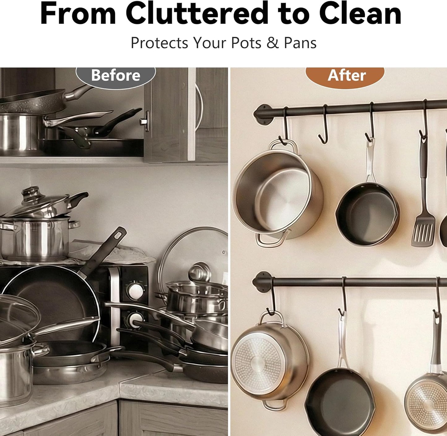 Black Steel-made Kitchen Utensil Rack Organizer Wall-mounted Pot Pan Wall Hanger Holder For Hanging Rail with 10 S Hooks