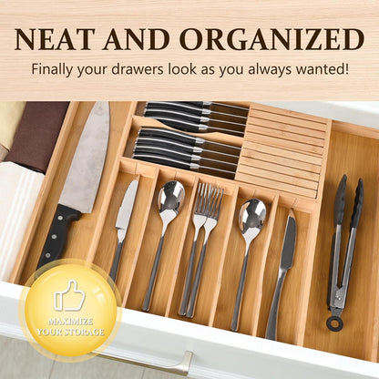 Silverware Organizer Expandable Bamboo Drawer Organizer with Non-Slip Stainless Steel Locking Clips, Kitchen Utensil Holder with Knife Block, Adjustable Cutlery Tray with Curved Grooves Dividers