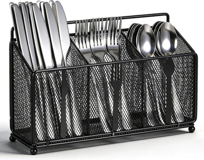 Metal Utensil Caddy Silverware Caddy, Black Silverware Holder for Countertop Flatware Utensil Cutlery Organizer Container for Spoon Fork Knives Kitchen Outdoor Party Camping Picnic Storage