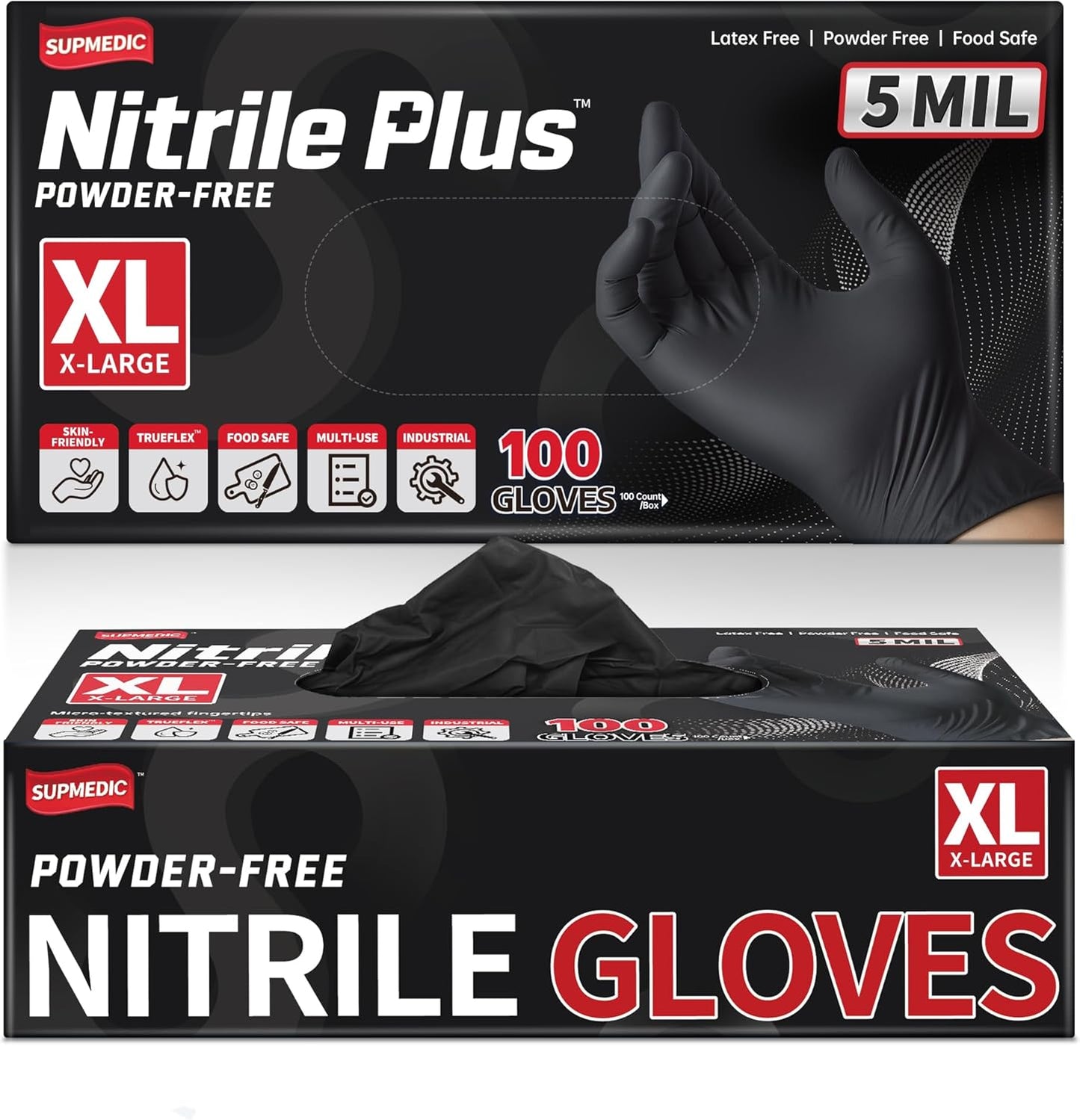 Supmedic Disposable Nitrile Gloves, 5Mil Chemical Resistant Powder-Free Latex-Free Glove Exam Cook Tattoo, Black Blue 100Pcs