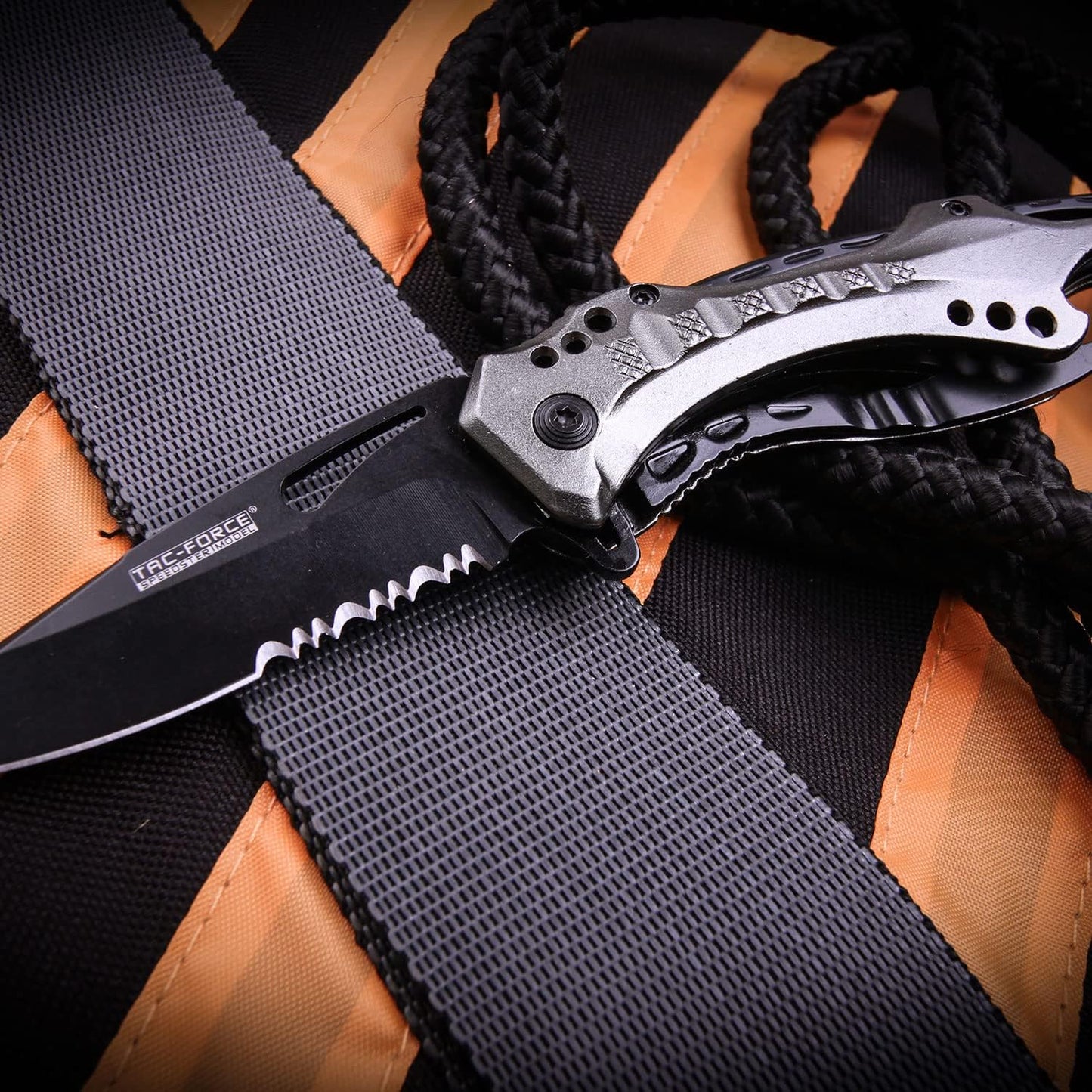 Tac-Force Folding Pocket Knife, 3.25-inch Serrated Blade, Orange Aluminum Handle, 7.75-inch Overall Length TF-705EM