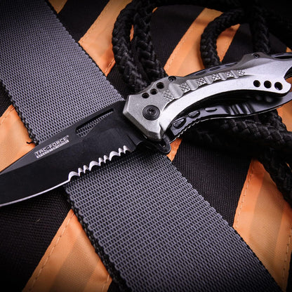 Tac-Force Folding Pocket Knife, 3.25-inch Serrated Blade, Orange Aluminum Handle, 7.75-inch Overall Length TF-705EM
