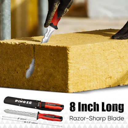 PINOZE 8" Insulation Knife, Stainless Steel Blade Insulation Cutter w/Laser Scale, Dual-Side Serrated Duct Knife Tool with Sheath for Cutting Heat Material Foam/Rockwool/Styrofoam, Garden Sod Cutter
